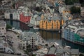 Overlooking the colorful houses of city Alesund in Norway Royalty Free Stock Photo