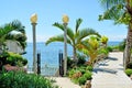 Overlooking garden terrace with nice view.