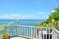 Overlooking garden terrace with nice view.