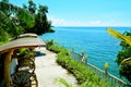 Overlooking garden terrace with nice view.