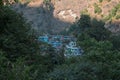 Overlooking Jagat, colorful mountain village in Nepal Royalty Free Stock Photo