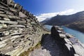 Overlooking Llyn Peris and view of the surrounding peaks around Moel Eilio from the switchback slate staircase at Dinorwic Royalty Free Stock Photo