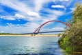 Overlooking the river Ob, Bugrinskij bridge and the beach. Novosibirsk, Siberia, Russia