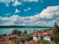 Murten, Morat, Canton Fribourg, Switzerland overlooking rooftops with view on the lake