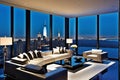 Overlooking a Sprawling Metropolis, a High-Rise Apartment with Floor-to-Ceiling Windows Captures the Urban Majesty