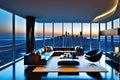 Overlooking a Sprawling Metropolis, a High-Rise Apartment with Floor-to-Ceiling Windows Captures the Urban Majesty