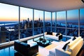 Overlooking a Sprawling Metropolis, a High-Rise Apartment with Floor-to-Ceiling Windows Captures the Urban Majesty