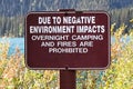 An overnight camping and fires are prohibited sign Royalty Free Stock Photo