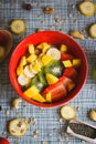 Overnight oat flakes with chia seeds and fruits