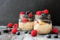 Overnight oats with blueberries and raspberries on a dark background Royalty Free Stock Photo