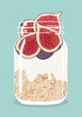 Overnight oats with figs and yogurt in glass mason jar. Vector hand drawn illustration.