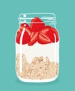 Overnight oats with strawberries and yogurt in glass mason jar. Vector hand drawn illustration. Royalty Free Stock Photo