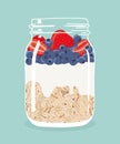 Overnight oats with strawberries, blueberries and yogurt in glass mason jar. Vector hand drawn illustration. Royalty Free Stock Photo