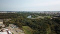 An overpass across the city river. Busy freeway. Aerial photography