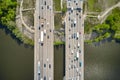 Overpass over coast and bay. Check in to the double bridge. Bright sunny day