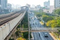 Overpass with railway tracks of the metro line along the city highway and one overpass in the city Royalty Free Stock Photo