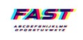 Overprint letters and numbers set. Glowing red blue yellow spectrum effect style vector latin alphabet. Font for cyber