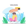 Overprotective parenting. Child enclosed in a clear bubble