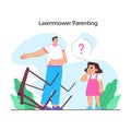 Overprotective parenting. Father clears obstacles ahead, while puzzled