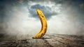 Overripe spoiled banana. Banana stands on a dirty road. Storm cloud. Dusty haze