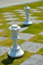 Oversize cement chess pieces on grass chessboard Royalty Free Stock Photo