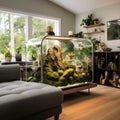 Oversize Mossy Rocky Terrarium Curved Rectangle Display in Living Room, Generative AI