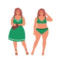 Oversize obesity, pretty large lady in beautiful fashionable clothes and in underwear. Body positive woman. Plus size female