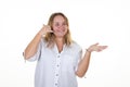 Oversize woman in white background smiling making cell phone gesture fingers like cellphone with palm presenting up Royalty Free Stock Photo