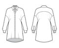 Oversized blouse technical fashion illustration with basic shirt collar, dropped shoulders, long sleeves, oversized.