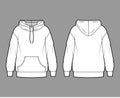 Oversized cotton-fleece hoodie technical fashion illustration with pocket, relaxed fit, long sleeves. Flat jumper