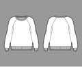 Oversized cotton-terry sweatshirt technical fashion illustration with scoop neckline, long raglan sleeves, ribbed trims