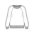 Oversized cotton-terry sweatshirt technical fashion illustration with scoop neckline, long raglan sleeves, ribbed trims