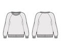 Oversized cotton-terry sweatshirt technical fashion illustration with scoop neckline, long raglan sleeves, ribbed trims