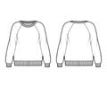 Oversized cotton-terry sweatshirt technical fashion illustration with scoop neckline, long raglan sleeves, ribbed trims