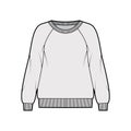 Oversized cotton-terry sweatshirt technical fashion illustration with scoop neckline, long raglan sleeves, ribbed trims