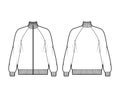 Oversized long-sleeved zip-up sweatshirt technical fashion illustration with cotton-jersey, raglan, ribbed trims. Flat