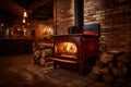 Oversized Matte Red Wood-Burning Stove in Rustic Cabin Setting Royalty Free Stock Photo