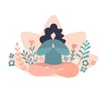 Oversized meditating woman in the yoga lotus position with doodle decorative flowers and plants