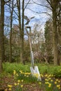 An oversized spade sculpture with a metal Bird alighting on it, one of the many Horticultural sculptures at Harlow Carr.