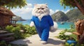 oversized white cat on sunny tropical beach scene