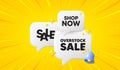 Overstock sale tag. Special offer price sign. 3d chat speech bubbles. Vector