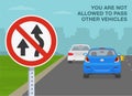 Overtaking or passing rules on the left-hand traffic. You are not allowed to pass other vehicles traffic or road sign meaning.