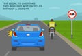 It is legal to overtake two-wheeled motorcycles without a sidecar. Back view of car driver aims to pass the biker.