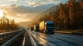 Overtaking trucks on an asphalt road in a rural landscape at sunset, Transportation concept