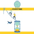 Overtime, disambiguation. Abstract concept, businessmen moving from an hourglass. In minimalist style. Cartoon flat