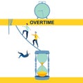 Overtime, disambiguation. Abstract concept, businessmen moving from an hourglass. In minimalist style. Cartoon flat