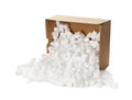 Overturned cardboard box with styrofoam cubes on white background Royalty Free Stock Photo