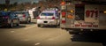 Carrboro NC, /US-March 10 2017:Fire truck, police car and overturned logging truck