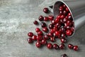 Overturned metal cup with cherry on wooden background