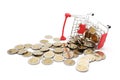 Overturned red miniature shopping cart filled with new 10 Thai Baht coins. Royalty Free Stock Photo